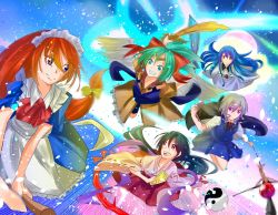  5girls angel_wings apron bad_id bad_pixiv_id black_hair blue_eyes blue_hair broom cape doll doll_joints dual_wielding green_eyes green_hair grey_hair gyoku_(seihou) hair_ribbon holding icarus_(seihou) japanese_clothes joints maid maid_apron maid_headdress miko multiple_girls muse_(seihou) ofuda polearm puppet purple_eyes red_eyes red_hair ribbon robe sakurasaki_hirano sash seihou shometsu-kei_no_teruru shoumetsu-kei_no_teruru spear sword vivit weapon wide_sleeves wings yellow_eyes yin_yang yuitia 