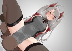 1boy 1girl :q absurdres ahoge azur_lane breasts brown_thighhighs closed_mouth commentary_request covered_navel dark-skinned_male dark_skin dress girl_on_top gradient_background grey_background grey_dress grey_hair hakkaman119 hetero highres interracial large_breasts large_variant_set long_hair multicolored_hair prinz_eugen_(azur_lane) sideboob sitting sitting_on_face sitting_on_person solo_focus squatting streaked_hair thick_thighs thighhighs thighs tongue tongue_out two_side_up variant_set 
