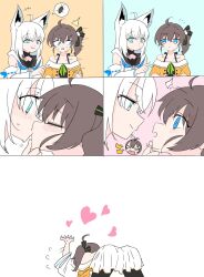  2girls animal_ears blue_eyes blush brown_hair closed_eyes closed_mouth eye_contact flying_sweatdrops fox_ears heart highres hololive kiss long_hair looking_at_another multiple_girls natsuiro_matsuri natsuiro_matsuri_(1st_costume) open_mouth shirakami_fubuki shirakami_fubuki_(1st_costume) sirakamisumire virtual_youtuber white_hair yuri 