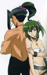  00s 1boy 1girl absurdres back back-to-back barnette_orangello bikini breasts cleavage collar gascogne_rheingau green_hair highres non-web_source ponytail swimsuit topless_female vandread 