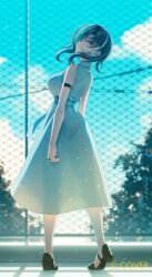  1girl arm_strap black_hair black_shoes blue_sky blurry blurry_background braid braided_bangs chain-link_fence chihiro_ayaka cloud collared_dress colored_inner_hair commentary_request copyright_notice day dress earrings fence from_behind full_body green_hair high_heels highres hololive hololive_dev_is jewelry looking_at_viewer looking_back medium_hair multicolored_hair official_art outdoors purple_hair red_eyes rindo_chihaya shoes sky sleeveless sleeveless_dress solo standing streaked_hair swept_bangs virtual_youtuber white_dress white_hair 