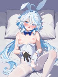  1girl after_vaginal aftersex animal_ears asymmetrical_gloves black_gloves blue_bow blue_bowtie blue_eyes blue_hair blush bow bowtie clothing_aside covered_navel cum cum_in_pussy detached_collar fake_animal_ears furina_(genshin_impact) genshin_impact gloves hair_between_eyes half_gloves head_on_pillow highres leotard leotard_aside leotard_pull long_hair looking_at_viewer lying mismatched_gloves multicolored_hair on_back open_mouth pantyhose pillow rabbit_ears rrr_gns_(riuriu_1212) solo strapless strapless_leotard streaked_hair teeth tongue upper_teeth_only white_gloves white_hair white_leotard white_pantyhose white_wrist_cuffs wrist_cuffs 