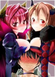 10s 1boy 2girls blush breast_rest breasts breasts_on_head brown_hair demon_girl dual_persona fur_collar hetero highres long_hair looking_at_viewer maou_(maoyuu) maoyuu_maou_yuusha multiple_girls red_eyes red_hair smile takara_akihito yuusha_(maoyuu) rating:Sensitive score:12 user:danbooru