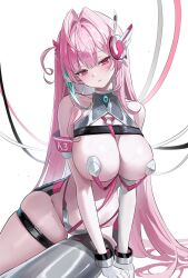  1girl aqua_hair armband bare_shoulders blush breasts character_request chest_belt closed_mouth commentary elbow_gloves gloves groin hair_intakes hair_ribbon highres huge_breasts long_hair looking_at_viewer multicolored_hair o-ring one_side_up pink_armband pink_eyes pink_hair pink_ribbon ribbon simple_background single_elbow_glove single_glove solo stomach streaked_hair symbol-only_commentary teru_(s2_teru) thigh_strap thighs two-tone_hair very_long_hair white_armband white_background white_gloves 