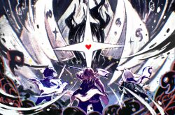  1boy 1girl 3others animal_ears axe deltarune fighting_stance glowing goat_boy goat_ears goat_horns highres horns kris_(dark_world)_(deltarune) kris_(deltarune) monster multiple_others ralsei ryuh_(asahina_neru) scarf short_tail soul_(deltarune) spoilers susie_(dark_world)_(deltarune) susie_(deltarune) sword tail titan_(deltarune) weapon 