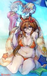  1boy 1girl animal beach_umbrella belly black-framed_eyewear blue_eyes bow breasts brown_eyes brown_hair commentary_request earrings fate/extra fate/extra_ccc fate_(series) glasses hair_bow hairband hood hoodie horseshoe_crab jewelry jinako_carigiri kanyobu karna_(fate) large_breasts low_twintails navel oversized_animal pink_hoodie plump single_earring sitting smile star_(symbol) towel tumblr_username twintails umbrella white_hair yokozuwari 