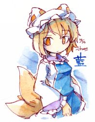  1girl blonde_hair blue_tabard breasts closed_mouth dated dress fox_tail frilled_sleeves frills hat kibayashi_kimori long_sleeves medium_breasts medium_hair mob_cap multiple_tails one-hour_drawing_challenge simple_background solo tabard tail touhou white_background white_dress white_hat wide_sleeves yakumo_ran yellow_eyes 