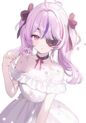  1girl absurdres ahoge blush bow cherry_blossoms dress falling_petals flower hair_bow hair_intakes hell_fuuna highres holding holding_flower long_hair looking_at_viewer maria_marionette multicolored_hair nijisanji nijisanji_en off-shoulder_dress off_shoulder parted_lips petals pink_eyes pink_hair simple_background solo streaked_hair sunlight virtual_youtuber white_background white_dress 