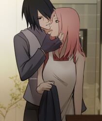  1boy 1girl apron black_eyes black_gloves black_hair black_pants boruto:_naruto_next_generations danna_ga_nani_wo_itte_iru_ka_wakaranai_ken fingerless_gloves gloves green_eyes grey_shirt grey_vest haruno_sakura hetero highres holding husband_and_wife indoors long_sleeves looking_at_another medium_hair naruto_(series) niku_(ni23ku) pants pink_hair red_shirt shirt sleeveless sleeveless_shirt uchiha_sasuke vest white_apron 
