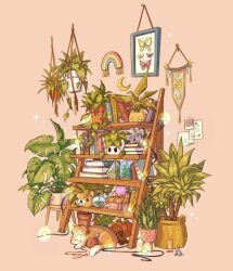  animal artist_name book book_stack bookshelf camera cat clutter commentary crescent english_commentary evergreenqveen flower flower_pot glass_jar hanging_plant highres indoors jar leaf mouse_(animal) no_humans original picture_frame pink_background plant potted_plant scenery shelf simple_background sparkle string_lights tapestry 