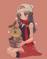  1girl beanie black_hair blue_eyes blue_hair blush boots breasts closed_mouth dawn_(pokemon) floating_scarf flower_pot gen_4_pokemon hair_ornament hairclip hat highres holding long_hair mikakami1e nintendo pink_boots pink_skirt poke_ball_print pokemon pokemon_(creature) pokemon_dppt red_scarf scarf shirt skirt sleeveless smile turtwig white_hat  rating:General score:3 user:danbooru