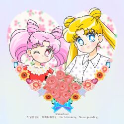  2girls absurdres bishoujo_senshi_sailor_moon blonde_hair blue_eyes chibi_usa cone_hair_bun double_bun dress hair_bun highres lips long_hair multiple_girls one_eye_closed pink_hair red_dress red_eyes sailor_collar shirt short_hair sksrlove smile star_(symbol) star_print tsukino_usagi twintails very_long_hair white_shirt 
