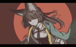  1girl absurdres animal_ears awz_(a-w-z) black_hair black_necktie closed_mouth collared_shirt commentary_request highres hoshimi_miyabi letterboxed long_hair looking_at_viewer necktie orange_background orange_eyes shirt simple_background sketch solo spotlight upper_body white_shirt zenless_zone_zero 