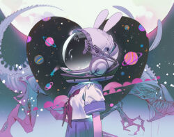  1girl alien animal_ears blue_skirt commentary fake_animal_ears from_side headphones helmet highres monster moon neckerchief original planet rabbit_ears red_neckerchief reflective_surface school_uniform serafuku shooting_star skirt solo space_helmet symbol-only_commentary upper_body vivinos 