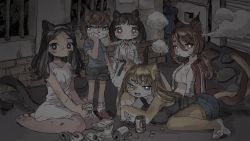1boy 4girls animal_ears black_eyes black_hair blonde_hair blue_eyes brown_eyes brown_hair cat_ears cat_girl cat_tail cigarette commentary dress fang furry furry_female holding_hands long_hair looking_at_viewer money multiple_girls no_bra open_clothes open_shirt original ponytail short_hair short_shorts shorts sitting slice_of_life smoke smoking sundress tail wariza yellow_eyes zinbei rating:Sensitive score:11 user:danbooru