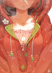  1girl absurdres babydoll blush breasts chocosong cleavage cleavage_cutout clothing_cutout collarbone drawstring eyes_out_of_frame food_print frilled_babydoll fruit_print hakos_baelz hakos_baelz_(5th_costume) head_out_of_frame heavy_breathing highres hololive hololive_english hood hood_up hooded_pajamas jewelry medium_breasts multicolored_hair necklace onesie pajamas parted_lips partially_unbuttoned pink_babydoll red_hair signature sleepwear solo steaming_body strawberry_print streaked_hair sweat upper_body virtual_youtuber white_streaks 