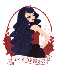  1girl adapted_costume artist_name bare_shoulders bishoujo_senshi_sailor_moon black_skirt blush breasts closed_mouth english_text female_focus flower from_behind hairband hand_on_own_hip heart heart_print highres hino_rei littlepaperforest long_hair looking_at_viewer looking_back pencil_skirt purple_eyes purple_hair red_flower red_hairband red_lips red_rose red_shirt rose sailor_mars shirt skirt small_breasts solo strapless tube_top very_long_hair watermark web_address  rating:Sensitive score:2 user:AngryZapdos