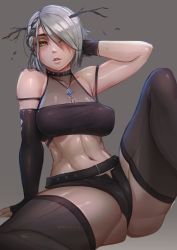 1girl abs absurdres alternate_color alternate_costume alternate_hair_color antlers belt ceres_fauna fingerless_gloves gloves hair_over_one_eye highres hololive hololive_english horns muscular muscular_female myth1carts navel short_hair short_shorts shorts sitting solo spread_legs thighhighs virtual_youtuber white_hair yellow_eyes rating:Sensitive score:83 user:loli_Vulf