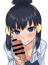  1boy 1girl :q alternate_hairstyle bar_censor black_hair blue_eyes blush breasts censored commentary_request creatures_(company) dawn_(pokemon) female_pervert game_freak highres looking_at_viewer nintendo penis penis_grab penis_on_face pervert pokemon pokemon_dppt ponytail simple_background small_breasts smile steam tongue tongue_out vanishingknife white_background 
