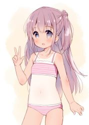 1girl bikini blue_eyes brown_hair female_focus long_hair meito_(maze) navel one-piece_tan open_mouth original pink_bikini side_ponytail smile solo striped_bikini striped_clothes swimsuit tan tanline v rating:Sensitive score:17 user:danbooru