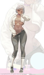  1girl absurdres breasts collar dark-skinned_female dark_skin elf glasses grey_pants highres long_sleeves looking_at_viewer navel no_bra open_clothes open_shirt original pants pointy_ears red_eyes shirt solo suerte sweatpants tattoo undressing white_hair white_shirt 
