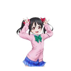  1girl \m/ arms_up black_hair blue_skirt blush bow bowtie cardigan collared_shirt cowboy_shot diagonal-striped_bow diagonal-striped_bowtie diagonal-striped_clothes double_\m/ green_bow green_bowtie hair_bow long_sleeves looking_at_viewer love_live! love_live!_school_idol_festival love_live!_school_idol_project miniskirt nico_nico_nii official_art open_mouth otonokizaka_school_uniform pink_cardigan plaid_clothes plaid_skirt pleated_skirt red_bow red_eyes school_uniform shirt skirt smile solo striped_clothes teeth transparent_background twintails upper_teeth_only white_shirt yazawa_nico 