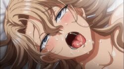  1girl animated animated_gif anime_screenshot blonde_hair blue_eyes blush bukkake cum cum_on_body earrings facial jewelry kurashiki_reika long_hair lying mature_female on_back on_bed open_mouth portrait rolling_eyes saimin_seishidou solo_focus t-rex_(animation_studio) tears tongue tongue_out 