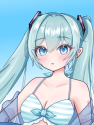  1girl absurdres aqua_eyes aqua_hair arm_tattoo bikini blue_bikini blush breasts cleavage collarbone hair_between_eyes hair_ornament hatsune_miku highres long_hair looking_at_viewer maarin_(59567861) number_tattoo open_mouth small_breasts solo swimsuit tattoo twintails upper_body very_long_hair vocaloid 