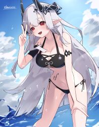  1girl :d absurdres arknights arm_up beach bikini black_bikini black_horns breasts cleavage commentary cowboy_shot day grey_hair groin hand_on_own_leg hand_on_own_thigh highres horns large_breasts leaning leaning_forward long_hair looking_at_viewer material_growth mudrock_(arknights) mudrock_(silent_night)_(arknights) navel official_alternate_costume open_mouth oripathy_lesion_(arknights) outdoors pointy_ears red_eyes side-tie_bikini_bottom smile solo standing swimsuit twintails v very_long_hair wading water worimehl 