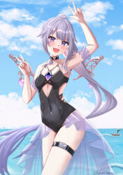  2girls :d absurdres arm_up azurarts black_one-piece_swimsuit blue_sky breasts chest_jewel choker cloud cloudy_sky fishing gem heart heart_choker high_ponytail highres hololive hololive_english hololive_indonesia holonatsu_paradise jewel_under_eye kaela_kovalskia koseki_bijou long_hair looking_at_viewer metal_wings multiple_girls ocean official_alternate_costume official_alternate_hairstyle one-piece_swimsuit open_mouth ponytail purple_eyes purple_gemstone sky small_breasts smile solo_focus swimsuit thigh_strap v very_long_hair virtual_youtuber w 