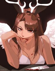  1girl animal_ear_hairband animal_ears biting_own_finger blood blood_on_mouth bloody_knife bra breasts brown_hair cleavage covering_own_mouth elbow_rest fake_animal_ears fake_antlers feathered_wings hair_over_one_eye hairband hand_over_own_mouth highres knife leaning_forward looking_at_viewer no_shirt original par0llel rabbit_ear_hairband rabbit_ears red_eyes scar scar_on_arm smile solo spaghetti_strap underwear upper_body white_wings wings 