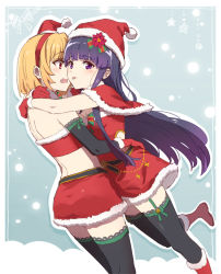 2girls :p arms_around_neck arms_around_waist bell belt black_thighhighs blonde_hair blue_hair blunt_bangs blush bob_cut boots bow capelet chinese_commentary clothing_cutout commentary_request cowboy_shot dress elbow_gloves fang flower foot_up fur-trimmed_capelet fur-trimmed_dress fur-trimmed_footwear fur-trimmed_gloves fur-trimmed_headwear fur-trimmed_skirt fur_trim furude_rika garter_straps gloves green_bow hair_flower hair_ornament hairband hat higurashi_no_naku_koro_ni houjou_satoko hug jingle_bell lace lace-trimmed_gloves lace-trimmed_legwear lace_trim long_hair looking_at_another looking_at_viewer midriff miniskirt mixed-language_commentary multiple_girls open_mouth pink_eyes poinsettia pom_pom_(clothes) purple_eyes red_capelet red_dress red_flower red_footwear red_gloves red_hairband red_headwear red_skirt santa_boots santa_costume santa_dress santa_gloves santa_hat short_hair skin_fang skirt strapless strapless_dress thighhighs tongue tongue_out tube_top usamin_(megumikira) yuri zettai_ryouiki rating:Sensitive score:28 user:danbooru