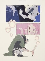  1boy 1girl age_difference aged_down animal_ears animal_print bartholomew_kuma bear_ears bear_print black_boots black_hair black_jacket black_shoes boots capelet cloak close-up closed_mouth coat commentary_request curly_hair devil_fruit_power ears_through_headwear fake_animal_ears father_and_daughter full_body fur_hood green_cloak hand_on_own_knee hat holding_another&#039;s_finger hood hood_down hooded_cloak jacket jewelry_bonney kneeling long_hair looking_at_another multiple_views oda_eiichirou one_piece open_mouth pants pink_capelet pink_coat pink_eyes shoes size_difference smile standing teeth uniqlo upper_teeth_only white_hat white_pants 