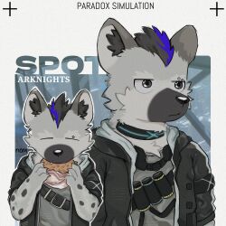  1boy animal_ear_fluff arknights black_hair black_jacket burger character_name closed_mouth commentary copyright_name eating english_commentary eyebrow_piercing fallenchipz fang fang_out food furry furry_male grey_fur grey_shirt highres holding holding_burger holding_food hood hood_down hooded_jacket hyena_boy hyena_ears infection_monitor_(arknights) jacket looking_to_the_side male_focus multicolored_hair multiple_views piercing shirt spot_(arknights) spotted_fur streaked_hair 