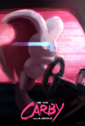  blush_stickers car_interior drive_(movie) driving elfilin glowing glowing_eyes highres kirby_(series) kirby_and_the_forgotten_land nintendo no_humans notched_ear parody signature steering_wheel stup-jam 