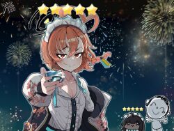  1boy 2girls absurdres aerial_fireworks ahoge blue_archive braid bubble99 center_frills chibi chibi_inset closed_mouth cocktail_glass collarbone commentary_request cup cupping_glass doodle_sensei_(blue_archive) drinking_glass fireworks frills hair_between_eyes halo highres huge_ahoge jacket karin_(blue_archive) korean_commentary looking_at_viewer maid_headdress multiple_girls neru_(blue_archive) night night_sky orange_hair red_eyes sensei_(blue_archive) shirt short_hair side_braid single_braid sky smile smirk solo_focus star_(symbol) sukajan tsurime white_shirt 