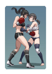  2girls aqua_background black_boots black_hair black_shorts black_sports_bra black_thighhighs blue_gloves boots boxing boxing_gloves catfight dolphin_shorts fighting gloves gradient_background high_ponytail highres long_hair micro_shorts mouth_guard multiple_girls original ponytail punching red_gloves ryona shorts sports_bra squinting stirrup_legwear stomach_punch thighhighs toeless_legwear toes twitching white_sports_bra yan_(situyan0303) 