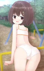  1girl absurdres animal_hair_ornament ass bear_hair_ornament blush bra brown_eyes brown_hair bush cloud crotch_seam embarrassed from_behind hair_ornament hairclip highres horizontal_bar loli looking_at_viewer looking_back open_mouth original panties playground shooko short_hair sky standing swing swing_set thighs training_bra tree underwear white_bra white_panties 