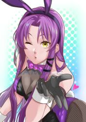  1girl animal_ear_hairband animal_ears black_leotard blowing_kiss bow bowtie breasts cleavage detached_collar eiyuu_densetsu fake_animal_ears fake_tail fishnet_pantyhose fishnets hairband heart highleg highleg_leotard highres kuro_no_kiseki_(series) large_breasts leotard long_hair looking_at_viewer one_eye_closed pantyhose playboy_bunny purple_bow purple_hair rabbit_ear_hairband rabbit_ears rabbit_tail renne_(eiyuu_densetsu) runrui_kaku sample_watermark simple_background smile solo strapless strapless_leotard tail traditional_bowtie two_side_up watermark white_wrist_cuffs wrist_cuffs yellow_eyes 