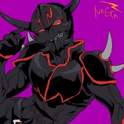 1boy armor bad_id bad_pixiv_id black_armor black_bodysuit bodysuit bright_pupils finger_to_head grin jinta kamen_rider kamen_rider_den-o_(series) male_focus monster monster_boy negataros oni red_eyes romaji_text sharp_teeth simple_background smile teeth white_pupils
