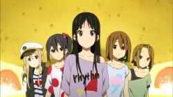  5girls akiyama_mio blonde_hair brown_eyes brown_hair clothes_writing earrings english_text expressionless frown hat highres hirasawa_yui jacket jewelry k-on! kotobuki_tsumugi long_hair looking_at_viewer medium_hair multiple_girls nakano_azusa polka_dot polka_dot_shirt sailor_hat screencap shirt side_ponytail t-shirt tainaka_ritsu upper_body yellow_background  rating:General score:7 user:starstellastar
