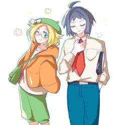  1boy 1girl ;) ahoge bag belt bianca_(pokemon) black_belt black_hair blonde_hair blue_pants bow cheren_(pokemon) closed_eyes closed_mouth collared_shirt glasses green_bag green_eyes green_hat green_pants hand_in_pocket hat hat_bow jacket kong_(6ki3ki) long_sleeves looking_at_viewer necktie nintendo one_eye_closed open_clothes open_jacket orange_jacket pants pokemon pokemon_bw2 red-framed_eyewear red_necktie shirt short_hair shoulder_bag smile white_background white_bow white_shirt 