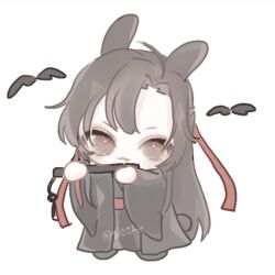  1boy :3 ahoge animal_ears bird black_bird black_boots black_coat black_hair black_hanfu boots brown_eyes brown_hair chibi chibi_only chinese_clothes closed_mouth coat dizi flute flute_tassel full_body hair_down hair_ribbon half_updo hanfu highres holding holding_flute holding_instrument instrument kemonomimi_mode long_hair long_sleeves looking_at_viewer male_focus modao_zushi music official_alternate_costume official_alternate_hairstyle ojisan_rbt open_clothes open_coat parted_bangs playing_flute playing_instrument rabbit_boy rabbit_ears rabbit_tail red_ribbon red_sash ribbon robe sash sidelocks simple_background smile solo tail tassel transverse_flute twitter_username wei_wuxian wei_wuxian_(yiling_laozu) white_background wide_sleeves 
