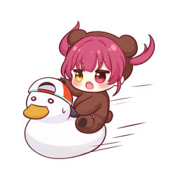  1girl animal_costume animal_ears baseball_cap bear_costume bear_ears bear_tail blush chibi chibi_only fang hat heterochromia hololive houshou_kumarine houshou_marine jitome long_hair motion_lines nikoo open_mouth orange_hat red_eyes red_hair riding simple_background subaru_duck sweatdrop tail twintails virtual_youtuber white_background white_hat yellow_eyes 