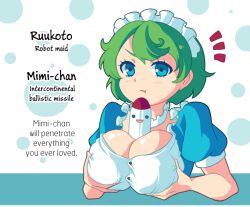  1girl bad_id bad_pixiv_id between_breasts blue_dress blue_eyes blush breasts cleavage dress english_text green_hair hands_on_own_breasts implied_paizuri jellypon looking_at_viewer maid maid_headdress mimi-chan missile pout ruukoto touhou touhou_(pc-98) 