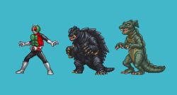 1boy antennae arm_spikes belt blue_background boots claws colored_sclera crossover daiei_film dinosaur fins gamera gamera_(series) gamera_3:_revenge_of_iris gloves gorgo_(film) green_eyes head_fins helmet ishimori_prod kaiju kamen_rider kamen_rider_(series) kamen_rider_1 monster multiple_crossover n-miles ogra open_mouth orange_sclera pixel_art red_eyes scarf sea_monster sharp_teeth shell simple_background spiked_shell spikes superhero_costume tail teeth toei_company tongue turtle turtle_shell tusks