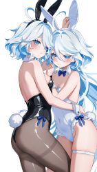  2girls ahoge animal_ear_hairband animal_ears backless_leotard bare_back bare_shoulders black_hairband black_leotard black_pantyhose blue_bow blue_bowtie blue_eyes blue_hair blue_pupils blush bow bowtie breasts cleavage closed_mouth collar commentary_request covered_navel detached_collar drop-shaped_pupils fake_animal_ears fake_tail from_side furina_(genshin_impact) genshin_impact hair_between_eyes hairband heterochromia highres leg_between_thighs leotard looking_at_viewer looking_to_the_side medium_breasts medium_hair multiple_girls pantyhose playboy_bunny rabbit_ears rabbit_tail rrr_gns_(riuriu_1212) simple_background strapless strapless_leotard symbol-shaped_pupils tail thigh_strap white_background white_collar white_hair white_hairband white_leotard white_wrist_cuffs wrist_cuffs yuri 