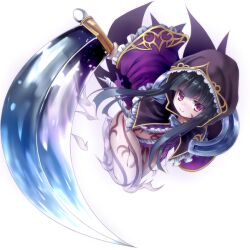  barefoot black_hair cloak death_alma emil_chronicle_online frills hood huge_weapon kama_(weapon) long_hair maou_mikage purple_eyes purple_hood sickle thighs weapon white_background 