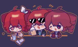  &gt;_&lt; 3girls @_@ ahoge alcohol ataman_ita_(synthesizer_v) beer beer_mug black_jacket blister_pack blue_necktie blush chibi chibi_only closed_eyes closed_mouth cup drill_hair drinking_glass dual_persona eyewear_on_head flat_chest hair_between_eyes highres holding holding_cup jacket kasane_teto kasane_teto_(sv) liar_dancer_(synthesizer_v) long_sleeves moochaakaka mug multiple_girls necktie office_lady open_mouth pill red_eyes red_hair shirt simple_background three-quarter_sleeves suit_jacket sunglasses synthesizer_v taihaiteki_jinsei_sanka_(utau) twin_drills utau white_shirt  rating:General score:2 user:danbooru
