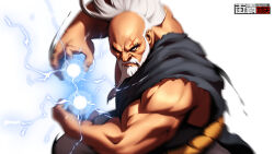  bald fighting_stance gouken hadouken hakama japanese_clothes lightning logo muscular muscular_male official_art rope_belt sash scar scar_across_eye scar_on_face serious simple_background solo_focus street_fighter street_fighter:_duel white_beard white_hair 